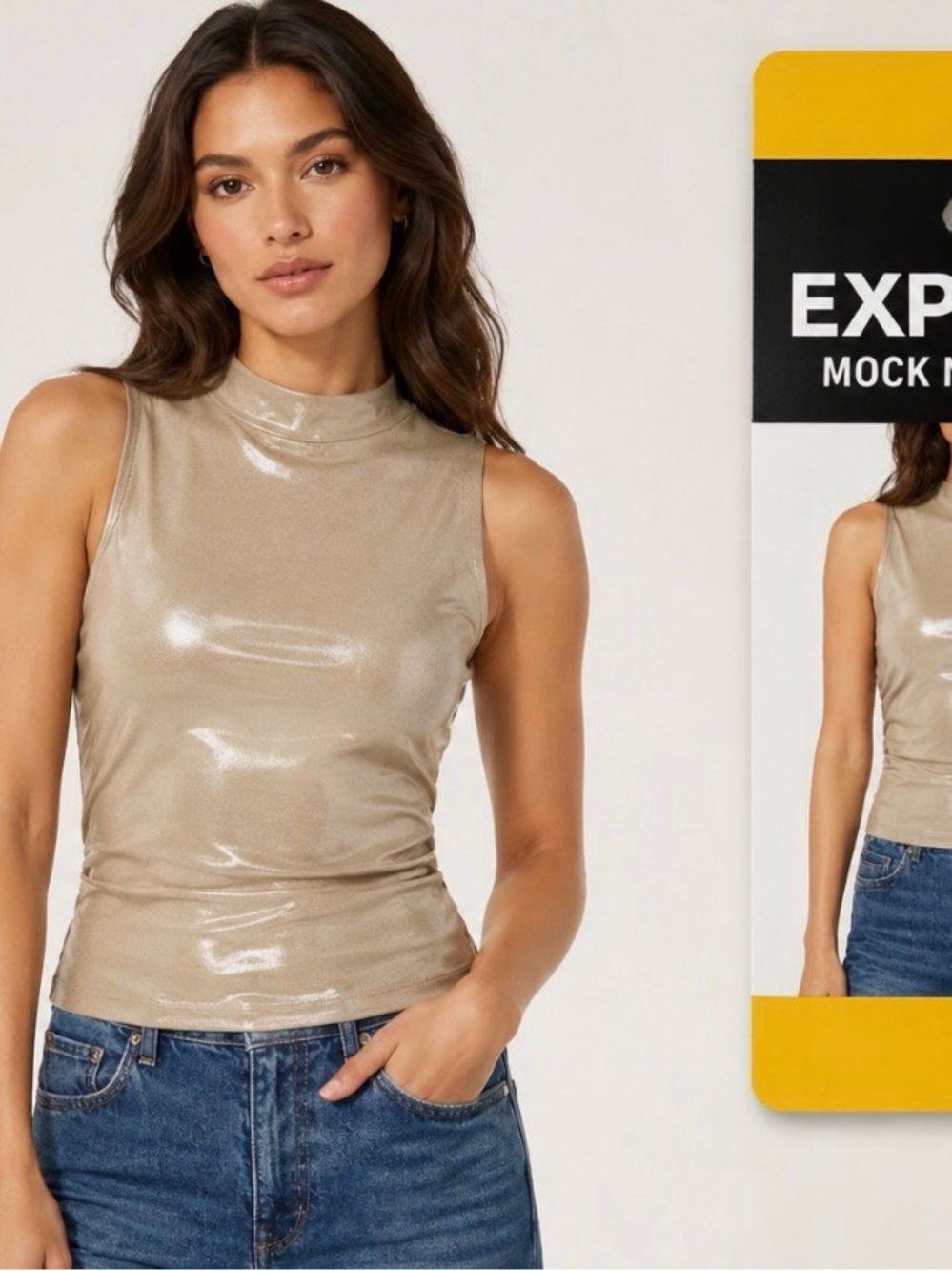 Silver Sleeveless Metallic Mock Neck Tank Top - Cream